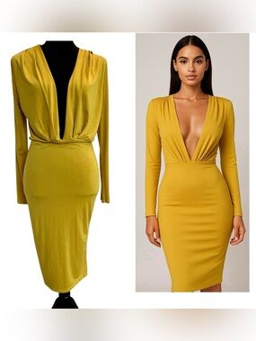 Mustard Yellow Deep Plunge V-Neck Long Sleeve Midi bodycon Cocktail Dress M/L